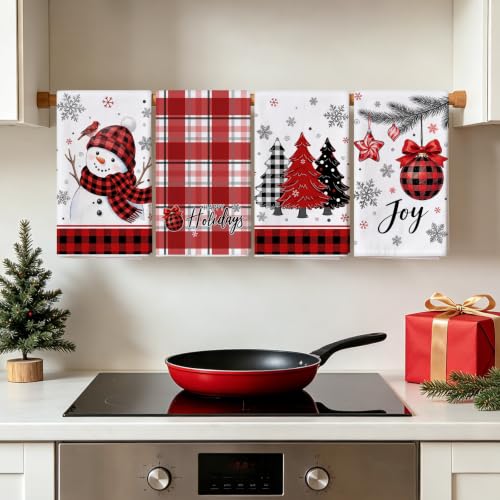 Christmas Kitchen Towels Set of 4 - Red Plaid Hand Towels for Holiday Decor - 16x23.5 Inch
