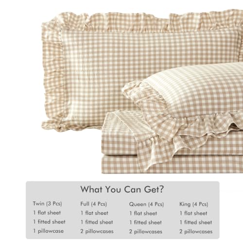 Tan Gingham Full Bed Sheet Set with Ruffle Trim - 4 Piece Farmhouse Bedding