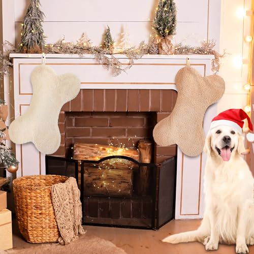 Faux Fur Sherpa Dog Christmas Stockings - Beige Khaki Set, Holiday Decor