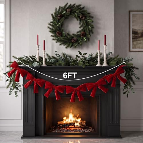 6 Ft Red Velvet Bow Garland for Christmas Decorations, Pre-Assembled Holiday Decor
