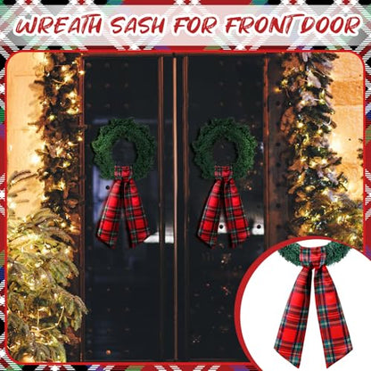 VitalCozy Red Plaid Wreath Sash 2 Pack for Front Door Holiday Decor
