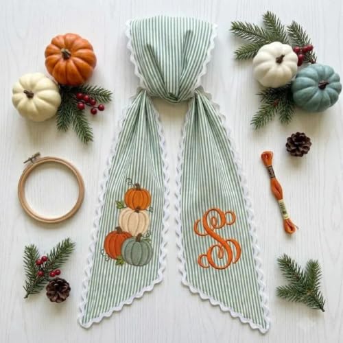 Personalized Fall Wreath Sash with Monogram, Pumpkin & Sage Stripe - Pumpkin Fall