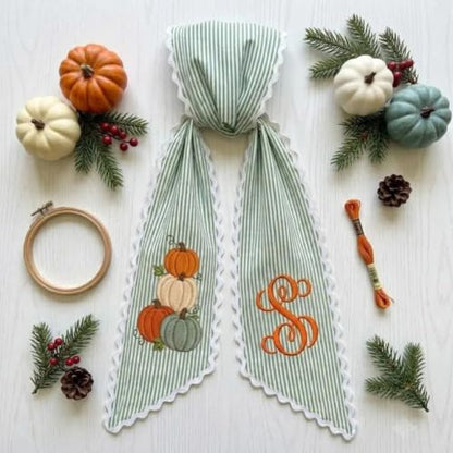 Personalized Fall Wreath Sash with Monogram, Pumpkin & Sage Stripe - Pumpkin Fall
