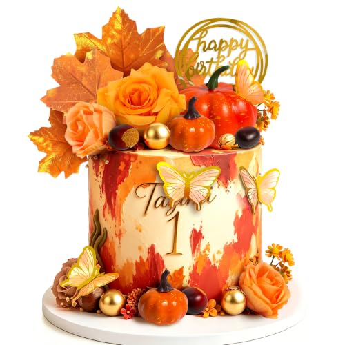 Fall Cake Topper Set with Autumn Flowers, Pumpkins & Maple Leaves for Thanksgiving