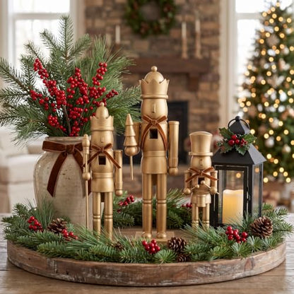 Christmas Nutcracker Figures Set - Gold Wooden Holiday Decor, 10-15 Inches