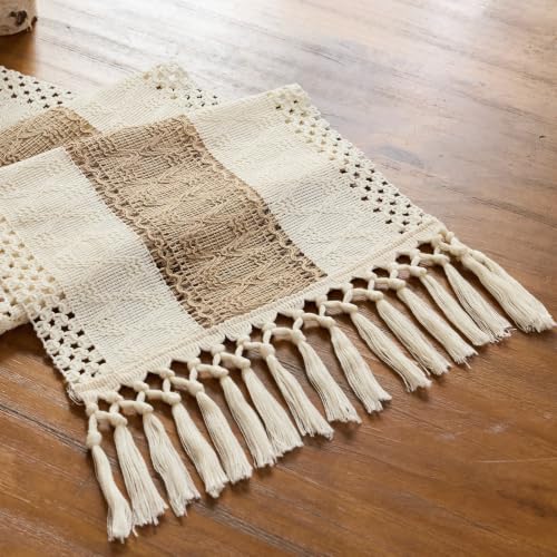 Beige Farmhouse Macrame Table Runner 12x90 Inch for Fall Home Decor