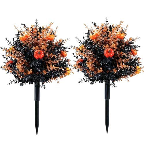 Artificial Fall Pumpkin Topiary Stakes 22-Inch Outdoor Yard Decor Set of 2