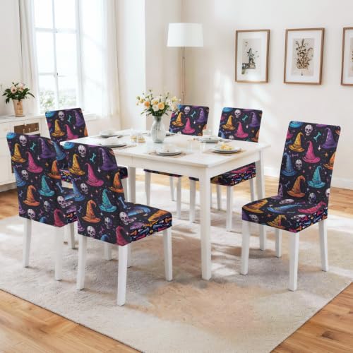 Halloween Witch Hat Chair Covers Set of 4 - Colorful Spooky Chair Slipcovers