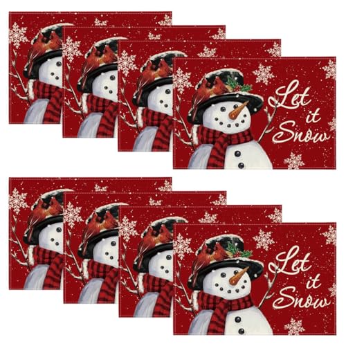 Red Snowman Placemats Set of 8 - 12x18 Inch Holiday Table Decor - Rectangular