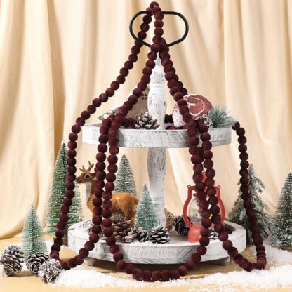 9FT Velvet Bead Christmas Garland - Dark Red Flocked Holiday Decor