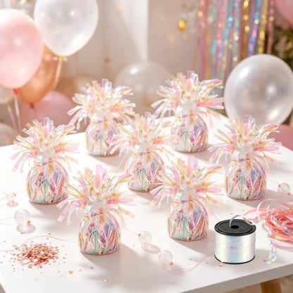 6 Pack Iridescent Metallic Balloon Weights with Curling Ribbon - Party Decorations