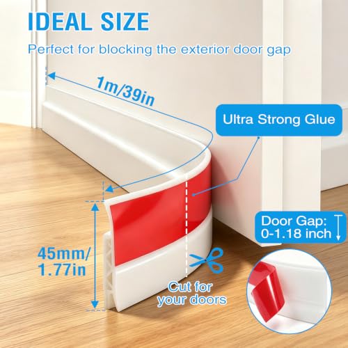 Door Draft Stopper Seal for Bottom of Door - White, 1.77" W x 39" L - Noise & Energy Saver