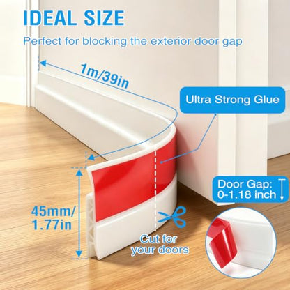Door Draft Stopper Seal for Bottom of Door - White, 1.77" W x 39" L - Noise & Energy Saver
