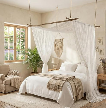 White Lace Canopy Bed Curtains for Queen, King & Twin Size Bed - 55W x 157L (Pack of 1)