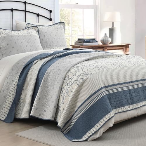 Oversized Cotton King Quilt Set with Botanical Stripe Design - Moonlight Blue/Gray/Off White, 106"x118"