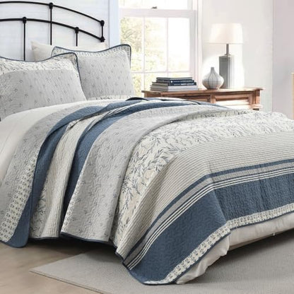 Oversized Cotton King Quilt Set with Botanical Stripe Design - Moonlight Blue/Gray/Off White, 106"x118"