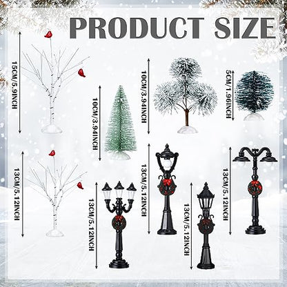 Christmas Village Scene Set with Miniature Trees & Street Lamps - 14 Pcs