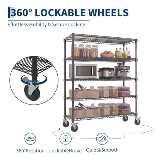 Garvee 70.87" Metal Shelving with Wheels, 5-Tier Wire Storage Rack, Heavy Duty