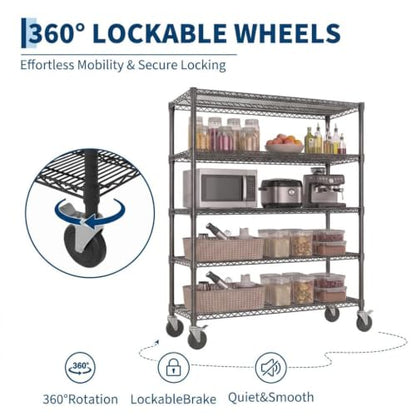 Garvee 70.87" Metal Shelving with Wheels, 5-Tier Wire Storage Rack, Heavy Duty