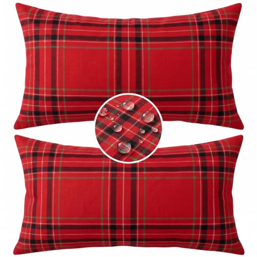 Irenare Waterproof Outdoor Pillow Cover Set - 20 x 12 Inch Christmas Plaid Lumbar Pillow Cases, Pack of 2