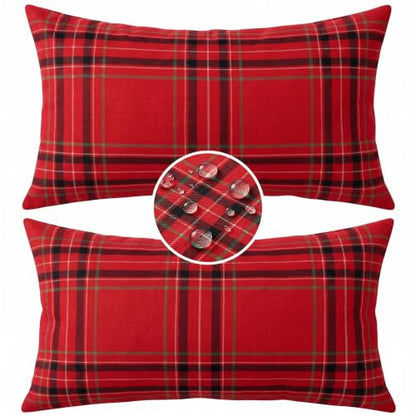Irenare Waterproof Outdoor Pillow Cover Set - 20 x 12 Inch Christmas Plaid Lumbar Pillow Cases, Pack of 2