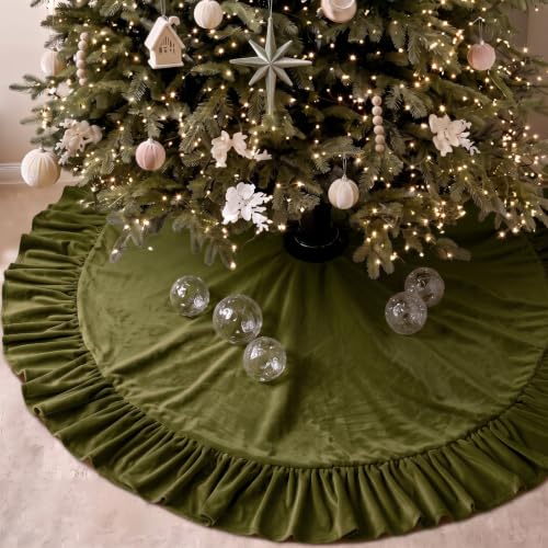 Velvet Christmas Tree Skirt 60 Inches Bow Style Olive Green - Holiday Decor