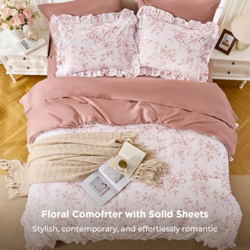 Pink Floral Twin Comforter Set with Ruffle Bedding - 7 Pieces