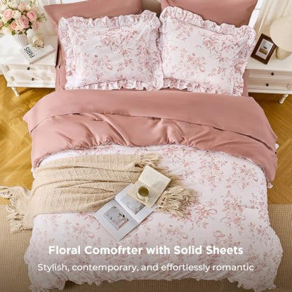 Pink Floral Twin Comforter Set with Ruffle Bedding - 7 Pieces