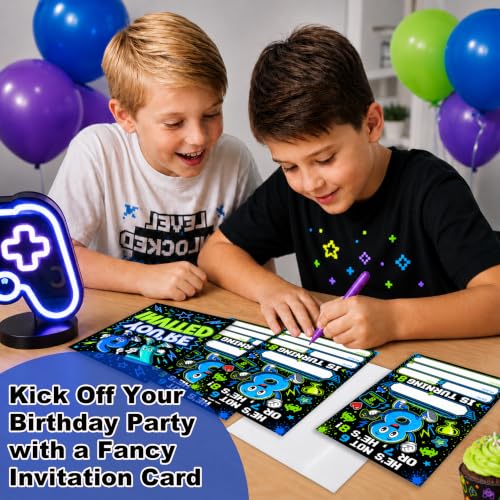 8th Boys Birthday Invitations Blue Party Invitations Gamer Teal Set