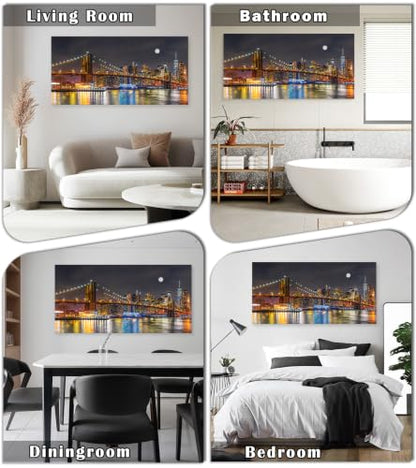 Brooklyn Bridge Night Skyline Canvas Wall Art - 58x29 Inches Colorful