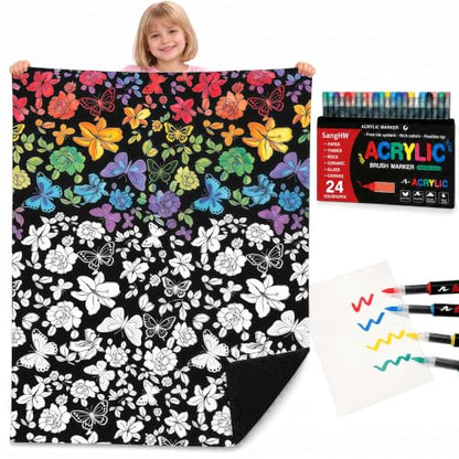 Black Flower Coloring Blanket with Markers - 48x56 Cozy Velvet DIY Craft Kit for Kids and Adults