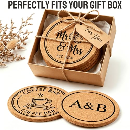 Round Personalized Cork Coasters - Custom Laser Engraved Logo, Name or Text, 4 Inch Set for Weddings & Events