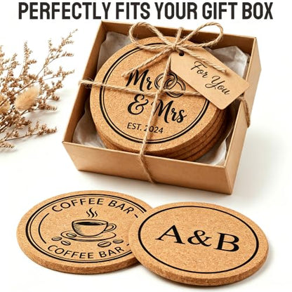 Round Personalized Cork Coasters - Custom Laser Engraved Logo, Name or Text, 4 Inch Set for Weddings & Events