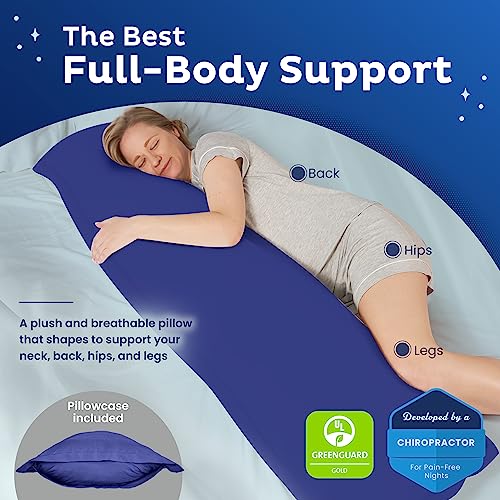 Snuggle-Pedic Body Pillow for Adults w/Navy Pillowcase - Pregnancy Pillows w/Shredded Memory Foam - Firm Maternity Side Sleeper Pillow for Adults - Long Cuddle Pillow for Bed - 20x54