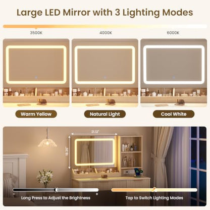 Fluted Vanity Desk with Mirror, LED Lights & Charging Station - Natural (Variation: Natural)