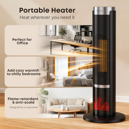 Black Portable Tower Space Heater 1500W with Thermostat & Remote - 23.5in