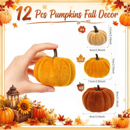 Brown Fall Artificial Velvet Pumpkins Decor Set - 12 Mini Foam Pumpkins for Autumn Home Display