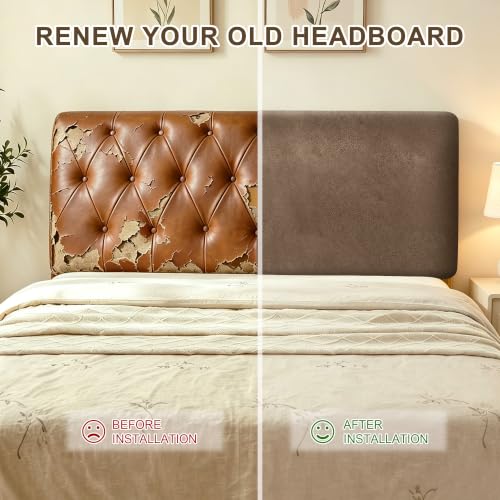 Queen Leather Look Bed Headboard Cover - Brown Stretch Slipcover - Tj-01brown