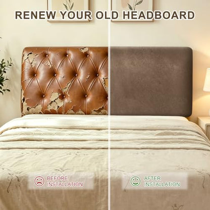 Queen Leather Look Bed Headboard Cover - Brown Stretch Slipcover - Tj-01brown