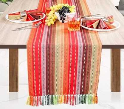Red Multi 16x72 Inch Cotton Table Runner with Fringes - Salsa Stripe for Holidays