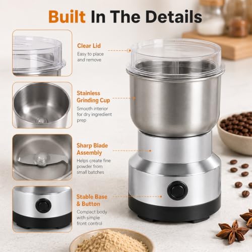 Silver High-Speed Stainless Steel Grain & Spice Grinder with Coffee Mill Attachment