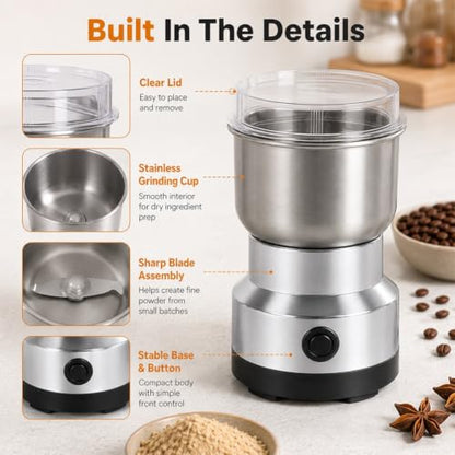 Silver High-Speed Stainless Steel Grain & Spice Grinder with Coffee Mill Attachment