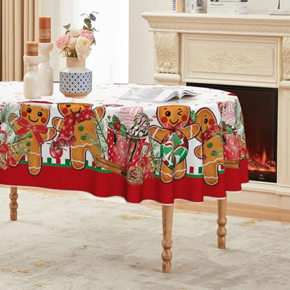 Christmas Tablecloth 60 x 84 Inch Oval Gingerbread Man & Bear Design - White Red