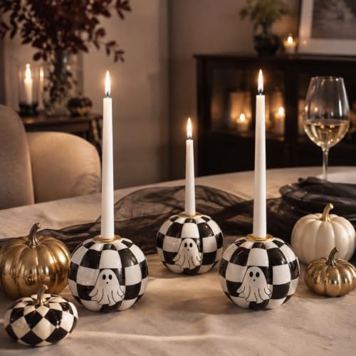 Halloween Black and White Checkerboard Candle Holders Set - Ghost & Pumpkin Design