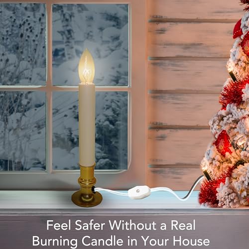 Electric Window Candle Lamp - 10 Inch Brass Base, On/Off Switch - Christmas & Decor