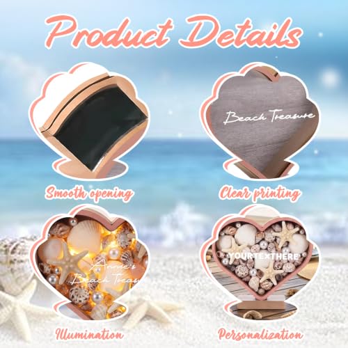 Heart-Shaped Wooden Seashell Display Stand with LED Light and Custom Name - Coastal Shadow Box