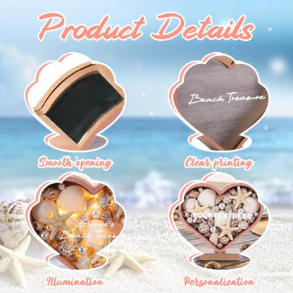 Heart-Shaped Wooden Seashell Display Stand with LED Light and Custom Name - Coastal Shadow Box