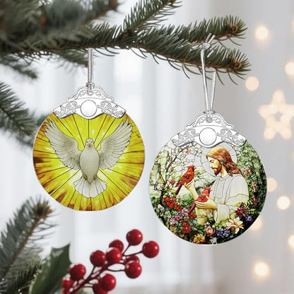 Jesus with Cardinals Religious Christmas Ornament - Christian Holiday Decor - Jesus Pattern D