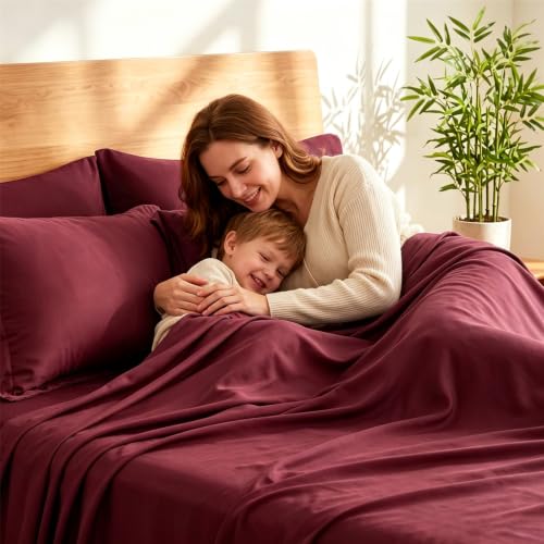 Dark Red Burgundy Twin Bed Sheets Set Rayon Derived from Bamboo 4 Piece
