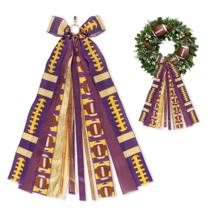 Football Wreath Sash - Purple Gold Ribbon Bow for Game Day Decor - Variation of Purple Gold